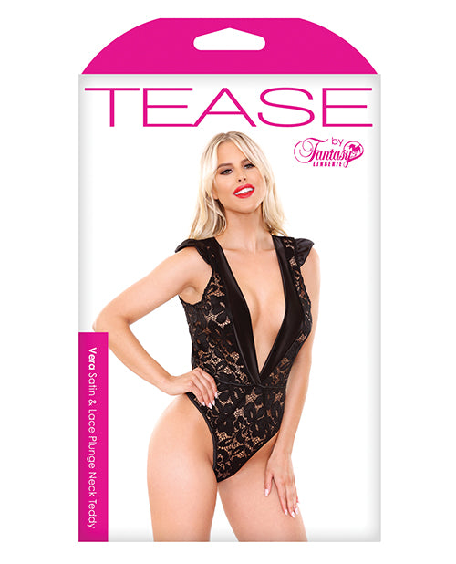 Tease Vera Satin & lace Plunge Neck Teddy -Black (L/XL)